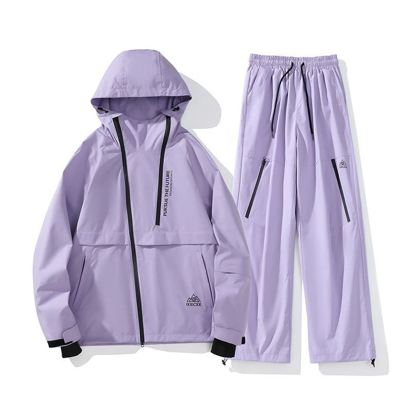 防水スキースーツ単板男女加絨保温2点セットアウトドアフード上着ズボンラージサイズ