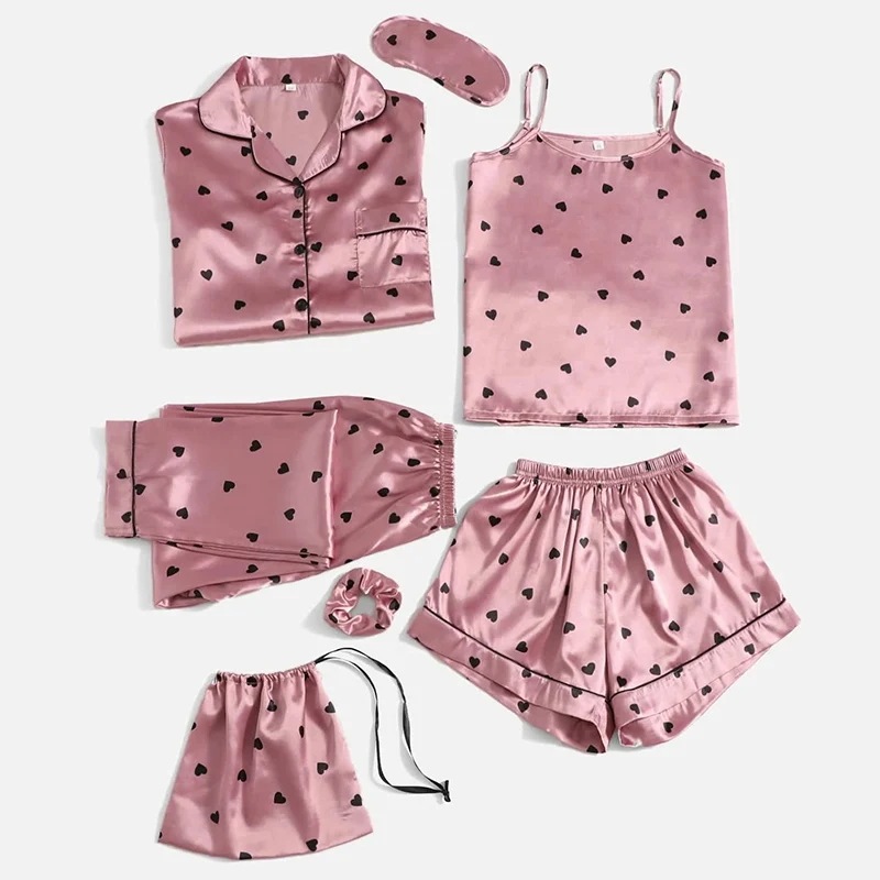 女性用サテンパジャマセット,ナイトウェア,スパゲッティストラップ,プリントパジャマ,ラウンジウェア,ショーツ,7枚 女性用サテンパジャマセット,ナイトウェア,スパゲッティストラップ,プリントパジャマ,ラウンジウェア,ショーツ,7枚