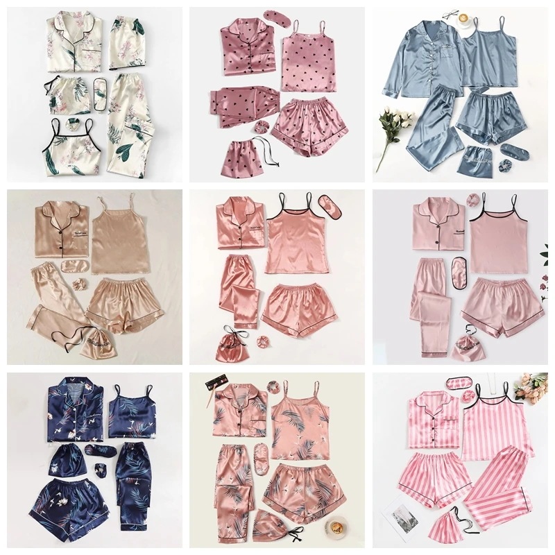 女性用サテンパジャマセット,ナイトウェア,スパゲッティストラップ,プリントパジャマ,ラウンジウェア,ショーツ,7枚 女性用サテンパジャマセット,ナイトウェア,スパゲッティストラップ,プリントパジャマ,ラウンジウェア,ショーツ,7枚