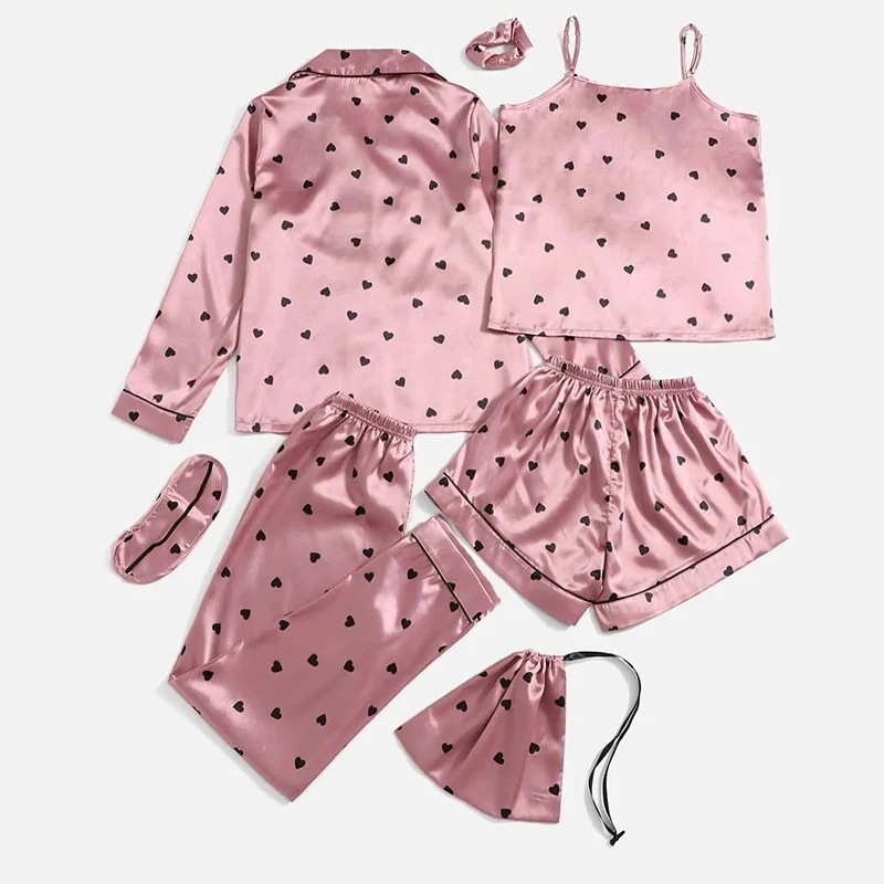 女性用サテンパジャマセット,ナイトウェア,スパゲッティストラップ,プリントパジャマ,ラウンジウェア,ショーツ,7枚 女性用サテンパジャマセット,ナイトウェア,スパゲッティストラップ,プリントパジャマ,ラウンジウェア,ショーツ,7枚
