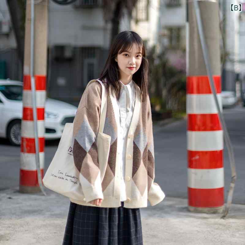 セーター 女性 カーディガン 春秋 カジュアル カレッジ スタイル レトロ Vネック コント ラスト カラー ニット ジャケット