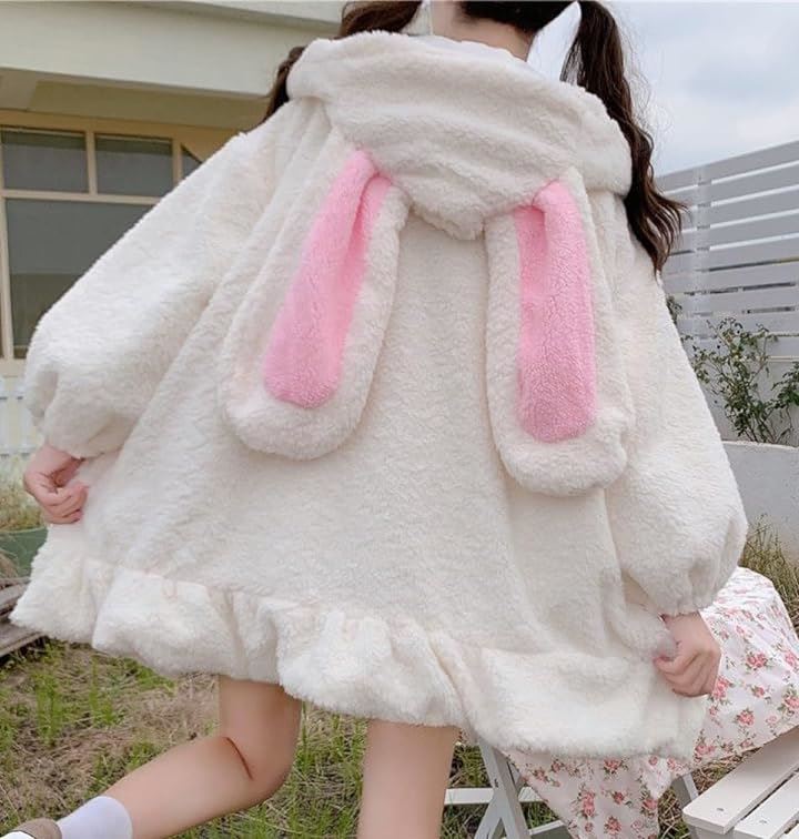 ぴゅありぼん 大きいサイズ うさ耳付き ふわふわ もこもこ パーカー( ホワイト, M)