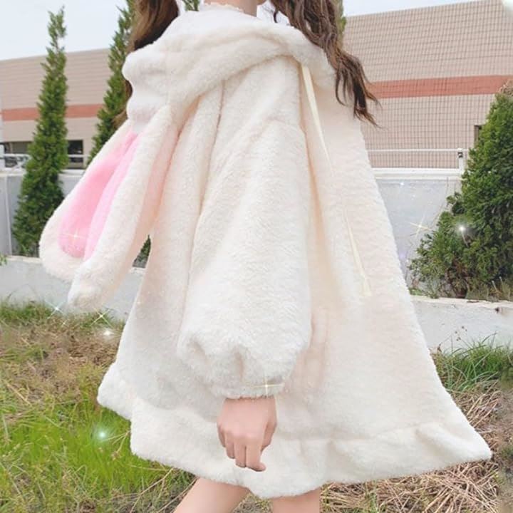 ぴゅありぼん 大きいサイズ うさ耳付き ふわふわ もこもこ パーカー( ホワイト, M)