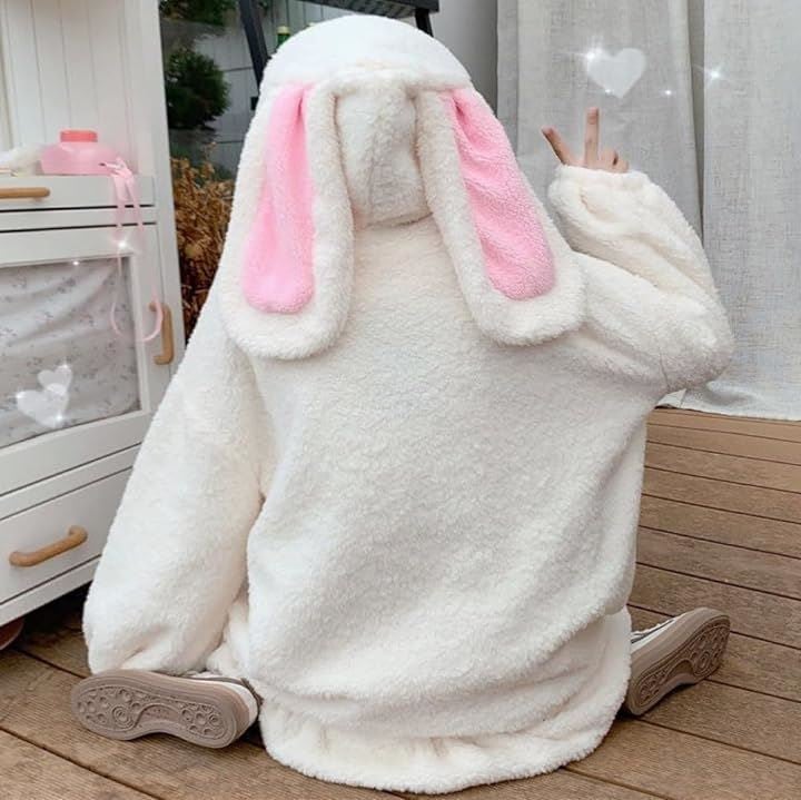 ぴゅありぼん 大きいサイズ うさ耳付き ふわふわ もこもこ パーカー( ホワイト, M)