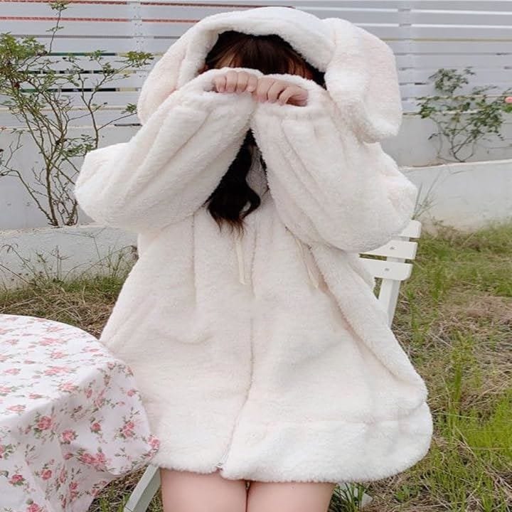 ぴゅありぼん 大きいサイズ うさ耳付き ふわふわ もこもこ パーカー( ホワイト, M)