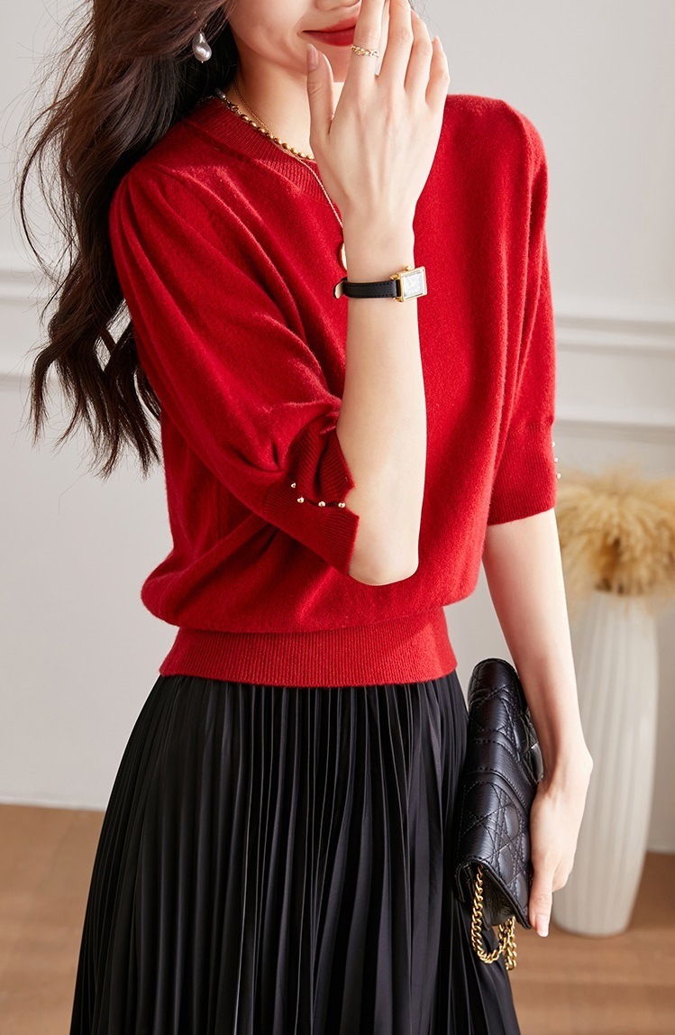 秋 半袖 ウール セーター 女性 秋 ハイウエスト ショート セーター 薄手 シャツ パフスリーブ トップ レッド ホワイト ブラック フリーサイズ トップス 袖あり かわいい 大人可愛い きれいめ