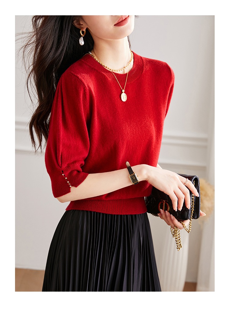 秋 半袖 ウール セーター 女性 秋 ハイウエスト ショート セーター 薄手 シャツ パフスリーブ トップ レッド ホワイト ブラック フリーサイズ トップス 袖あり かわいい 大人可愛い きれいめ