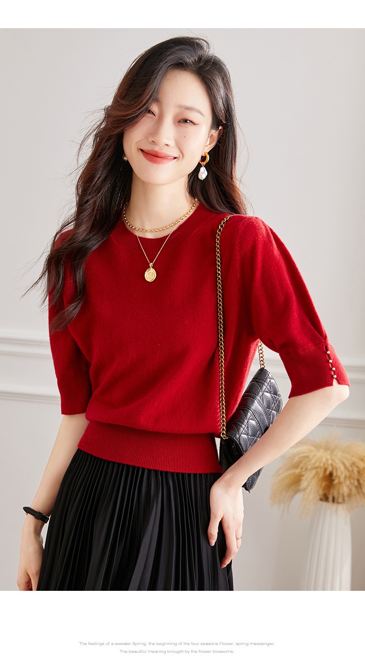 秋 半袖 ウール セーター 女性 秋 ハイウエスト ショート セーター 薄手 シャツ パフスリーブ トップ レッド ホワイト ブラック フリーサイズ トップス 袖あり かわいい 大人可愛い きれいめ