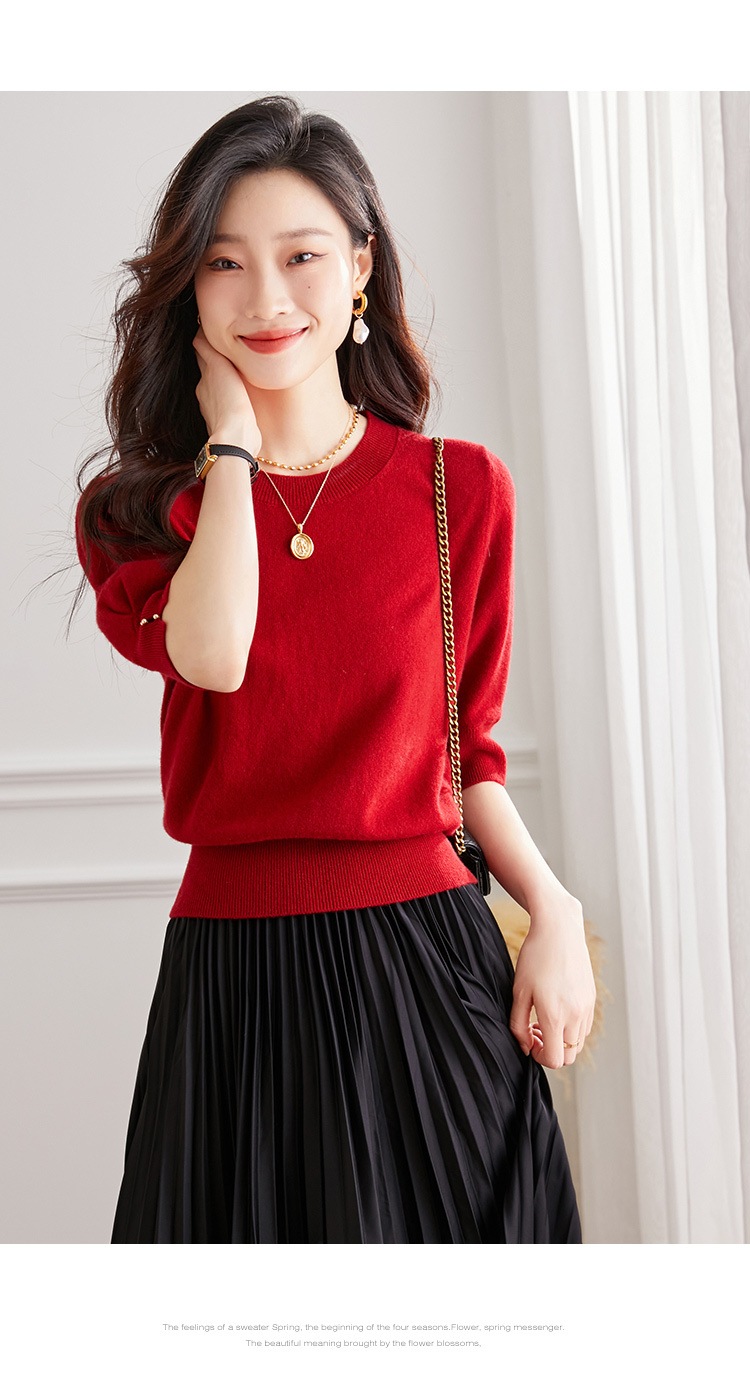 秋 半袖 ウール セーター 女性 秋 ハイウエスト ショート セーター 薄手 シャツ パフスリーブ トップ レッド ホワイト ブラック フリーサイズ トップス 袖あり かわいい 大人可愛い きれいめ