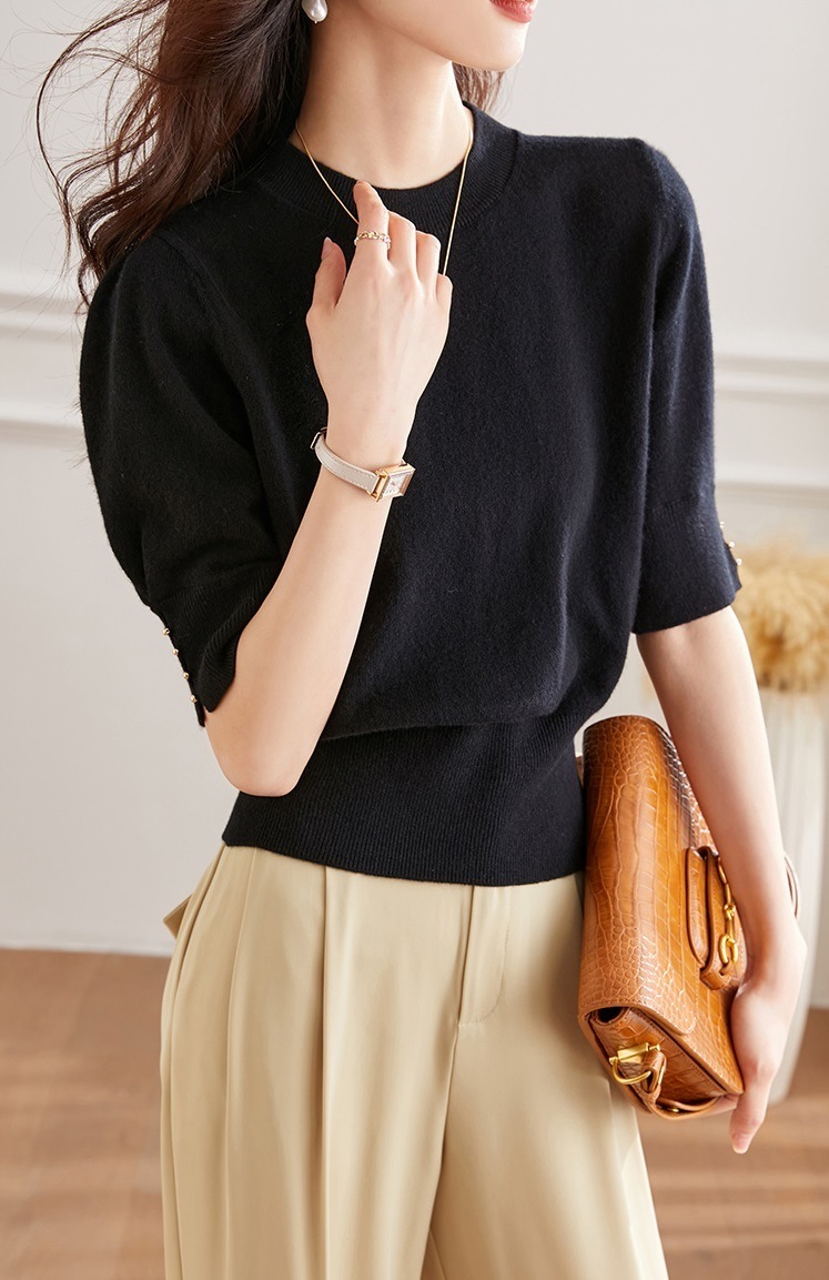 秋 半袖 ウール セーター 女性 秋 ハイウエスト ショート セーター 薄手 シャツ パフスリーブ トップ レッド ホワイト ブラック フリーサイズ トップス 袖あり かわいい 大人可愛い きれいめ