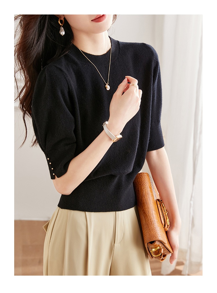 秋 半袖 ウール セーター 女性 秋 ハイウエスト ショート セーター 薄手 シャツ パフスリーブ トップ レッド ホワイト ブラック フリーサイズ トップス 袖あり かわいい 大人可愛い きれいめ