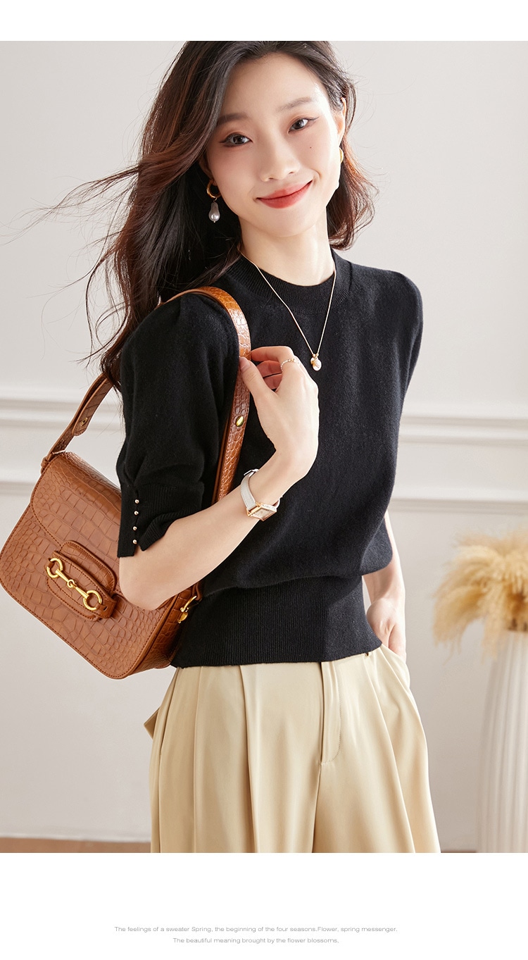 秋 半袖 ウール セーター 女性 秋 ハイウエスト ショート セーター 薄手 シャツ パフスリーブ トップ レッド ホワイト ブラック フリーサイズ トップス 袖あり かわいい 大人可愛い きれいめ