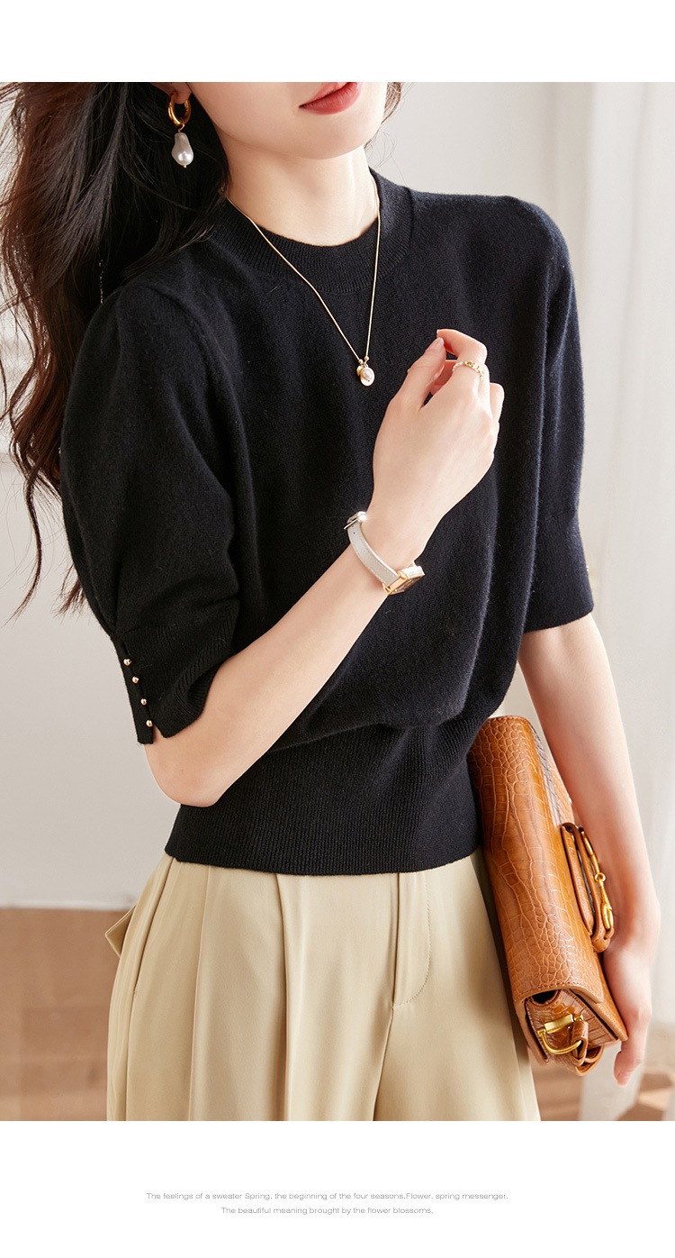 秋 半袖 ウール セーター 女性 秋 ハイウエスト ショート セーター 薄手 シャツ パフスリーブ トップ レッド ホワイト ブラック フリーサイズ トップス 袖あり かわいい 大人可愛い きれいめ