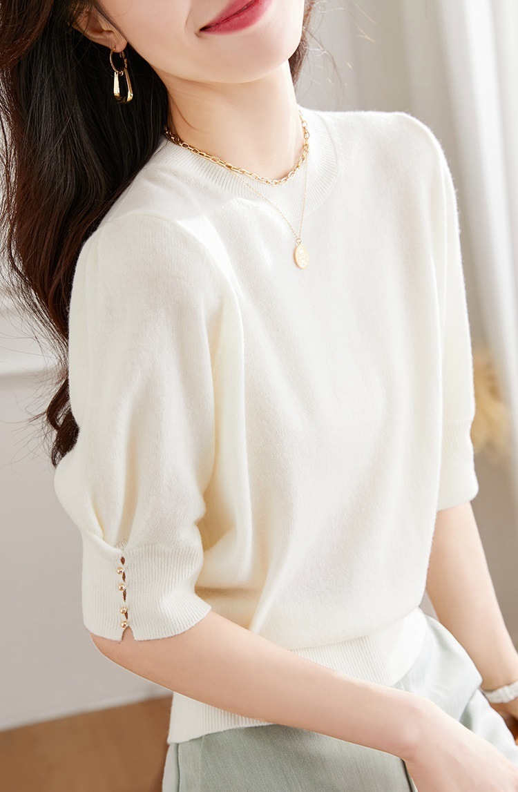 秋 半袖 ウール セーター 女性 秋 ハイウエスト ショート セーター 薄手 シャツ パフスリーブ トップ レッド ホワイト ブラック フリーサイズ トップス 袖あり かわいい 大人可愛い きれいめ