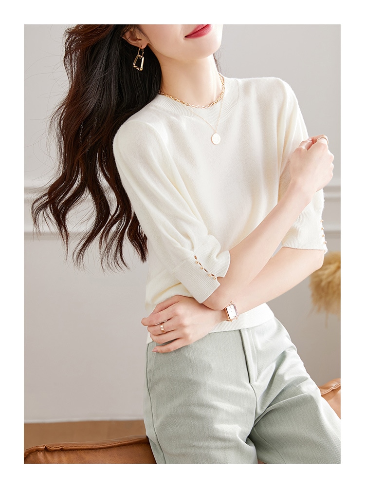 秋 半袖 ウール セーター 女性 秋 ハイウエスト ショート セーター 薄手 シャツ パフスリーブ トップ レッド ホワイト ブラック フリーサイズ トップス 袖あり かわいい 大人可愛い きれいめ