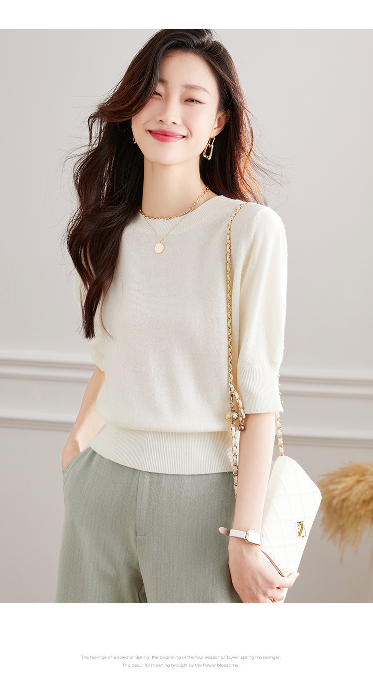 秋 半袖 ウール セーター 女性 秋 ハイウエスト ショート セーター 薄手 シャツ パフスリーブ トップ レッド ホワイト ブラック フリーサイズ トップス 袖あり かわいい 大人可愛い きれいめ