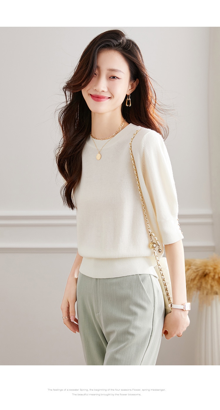 秋 半袖 ウール セーター 女性 秋 ハイウエスト ショート セーター 薄手 シャツ パフスリーブ トップ レッド ホワイト ブラック フリーサイズ トップス 袖あり かわいい 大人可愛い きれいめ