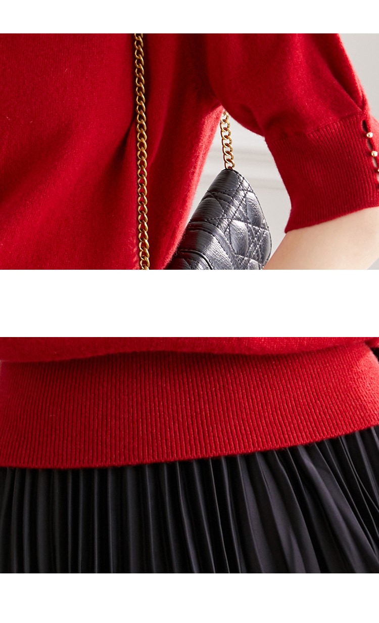 秋 半袖 ウール セーター 女性 秋 ハイウエスト ショート セーター 薄手 シャツ パフスリーブ トップ レッド ホワイト ブラック フリーサイズ トップス 袖あり かわいい 大人可愛い きれいめ