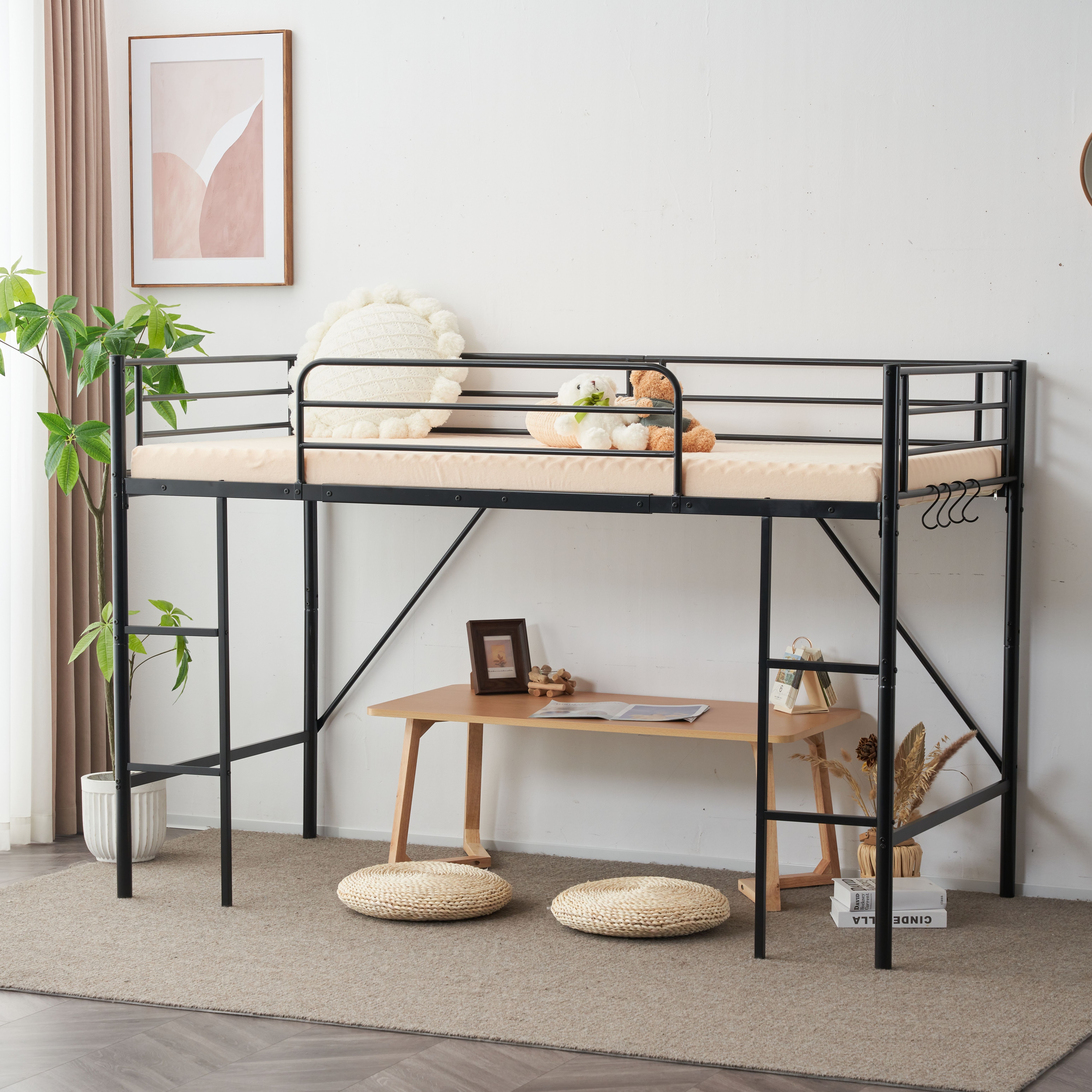 【迅速出荷速達】【新作】【ブラック】ロフトベッドベッドパイプベッドデスク付シングル収納北欧風シングルベッド子供部屋木耐震スチールベッド新作【国内即発送!送料無料！】