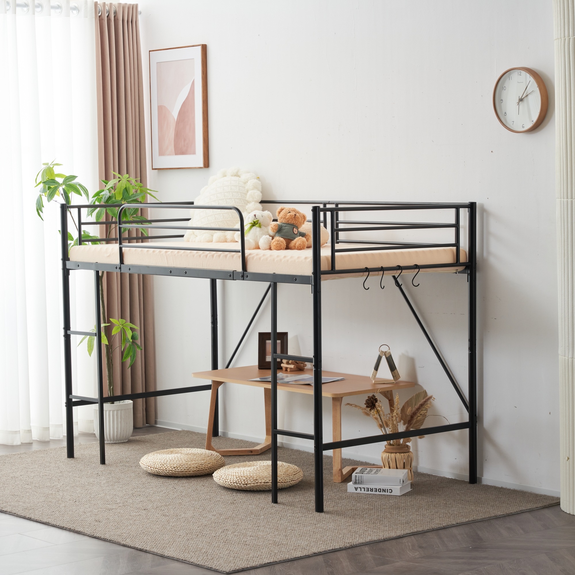 【迅速出荷速達】【新作】【ブラック】ロフトベッドベッドパイプベッドデスク付シングル収納北欧風シングルベッド子供部屋木耐震スチールベッド新作【国内即発送!送料無料！】