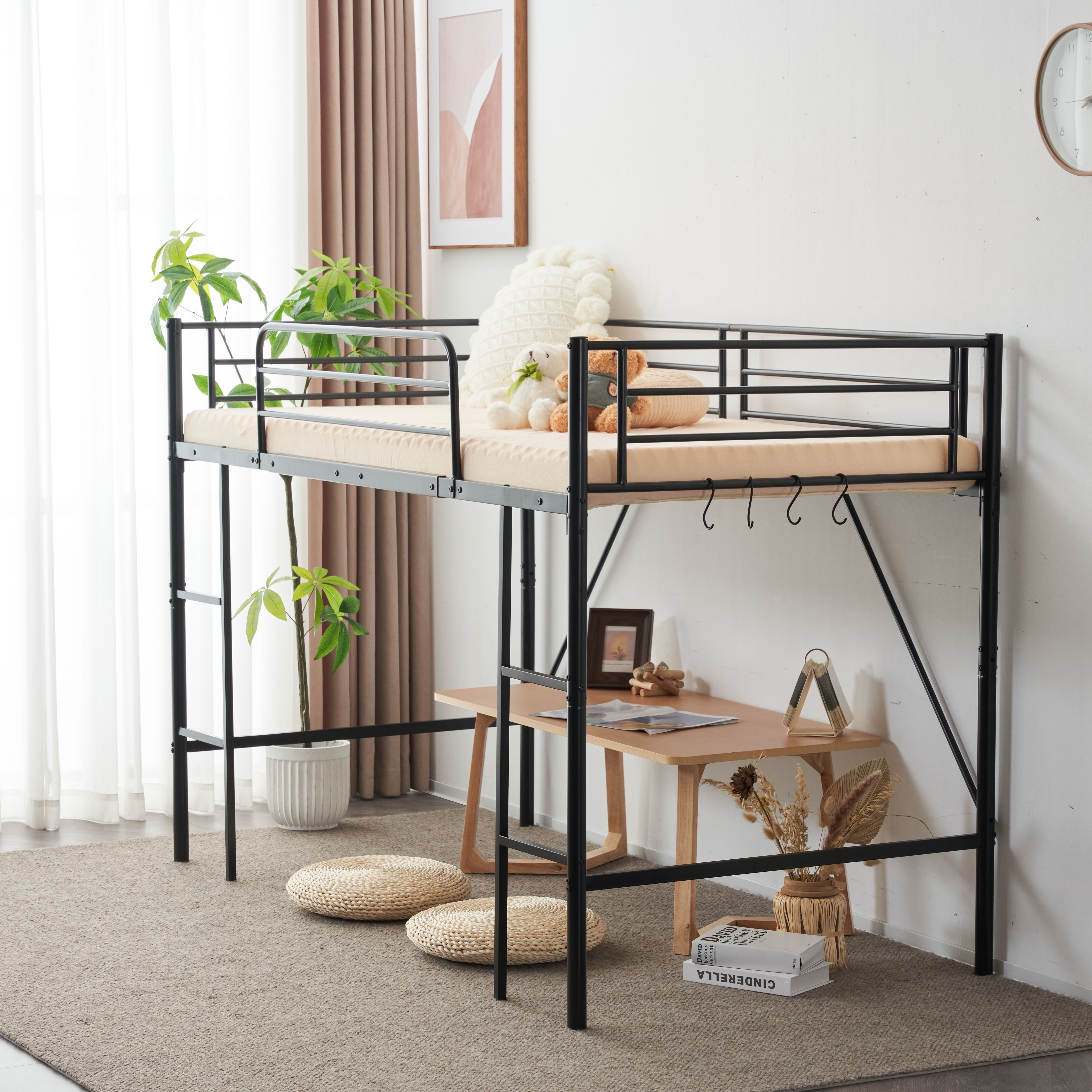 【迅速出荷速達】【新作】【ブラック】ロフトベッドベッドパイプベッドデスク付シングル収納北欧風シングルベッド子供部屋木耐震スチールベッド新作【国内即発送!送料無料！】