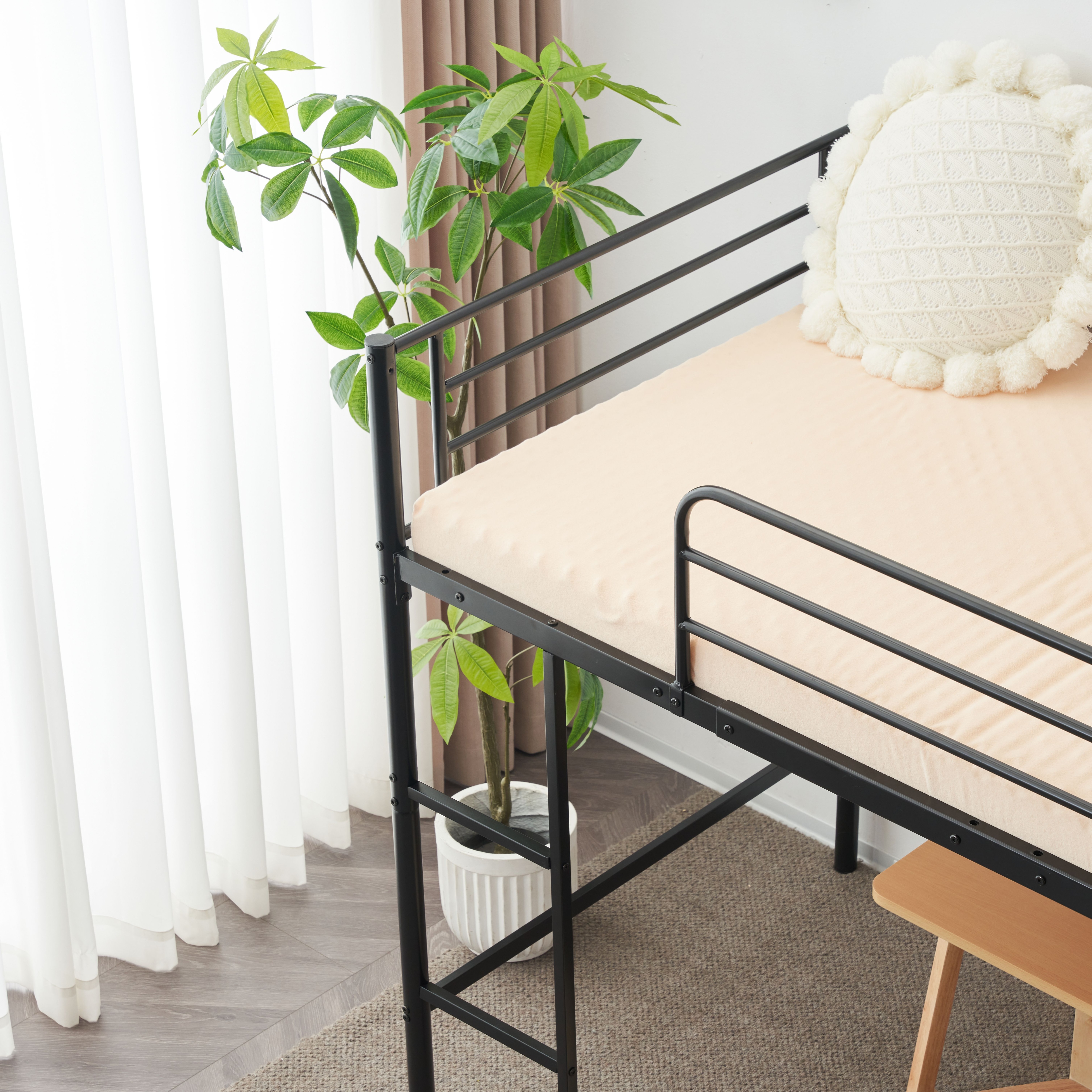 【迅速出荷速達】【新作】【ブラック】ロフトベッドベッドパイプベッドデスク付シングル収納北欧風シングルベッド子供部屋木耐震スチールベッド新作【国内即発送!送料無料！】