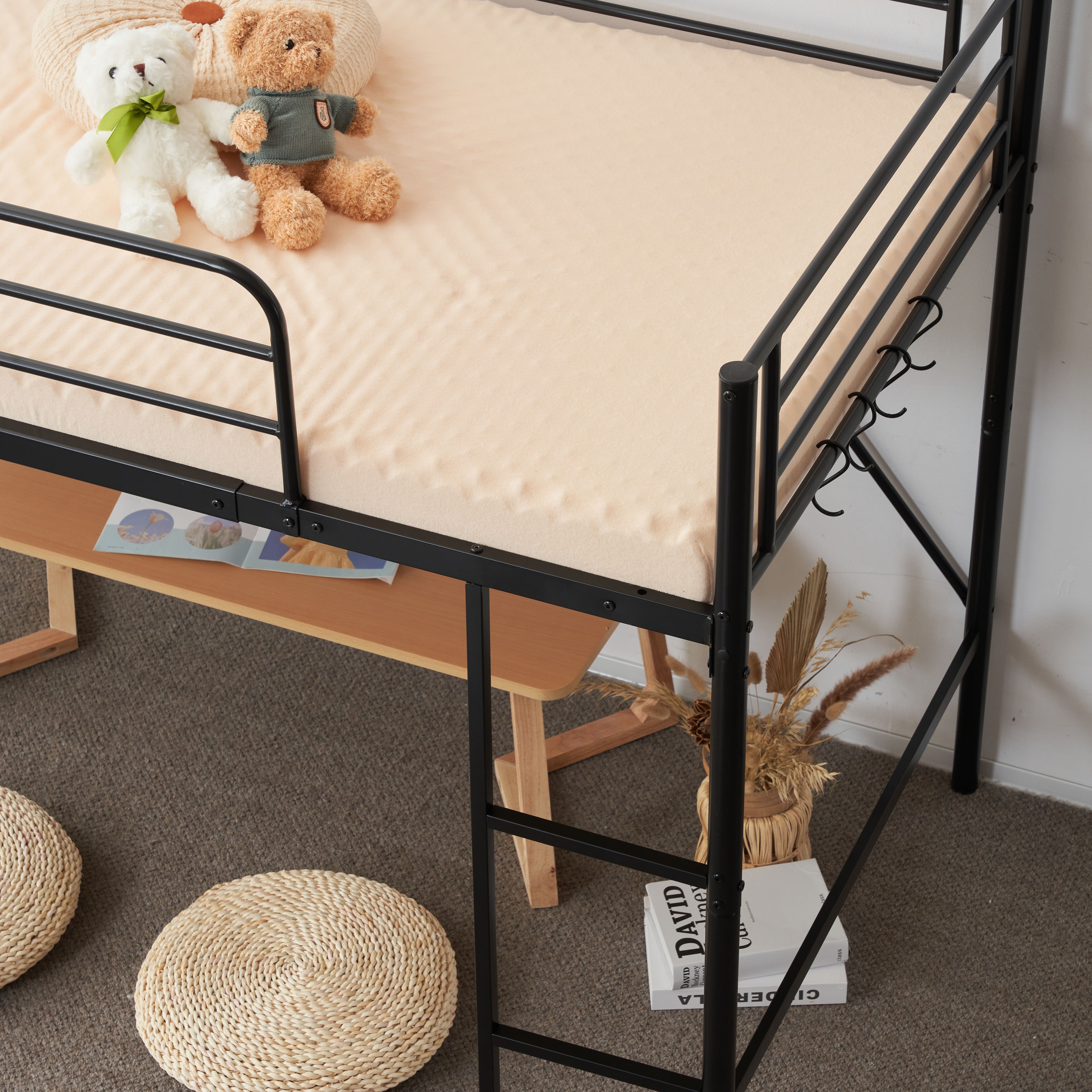 【迅速出荷速達】【新作】【ブラック】ロフトベッドベッドパイプベッドデスク付シングル収納北欧風シングルベッド子供部屋木耐震スチールベッド新作【国内即発送!送料無料！】