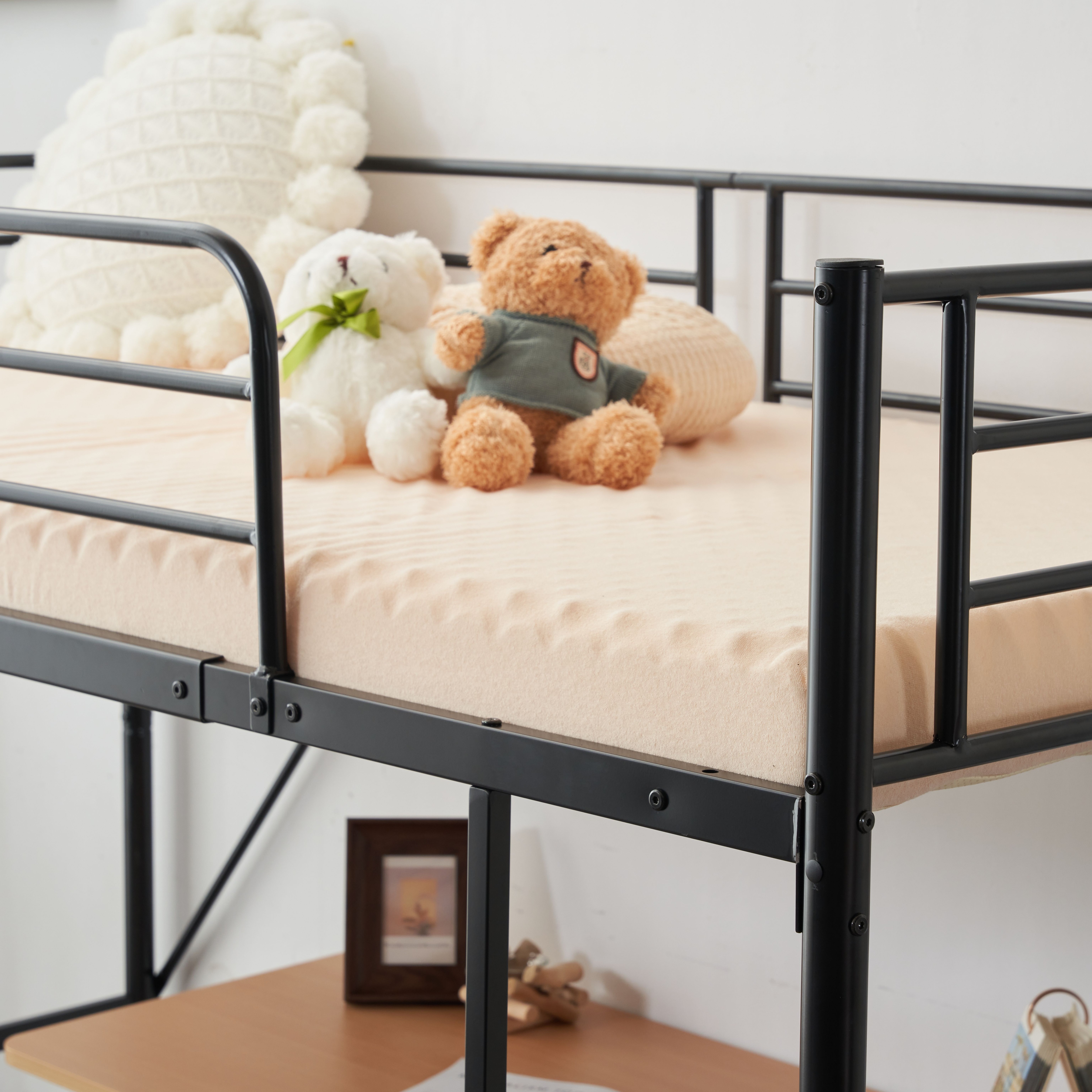 【迅速出荷速達】【新作】【ブラック】ロフトベッドベッドパイプベッドデスク付シングル収納北欧風シングルベッド子供部屋木耐震スチールベッド新作【国内即発送!送料無料！】