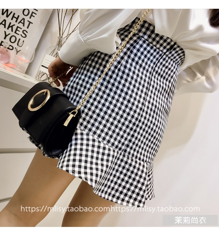 3014.ハイウエスト チェック柄フィッシュテールスカート（ブラウン）