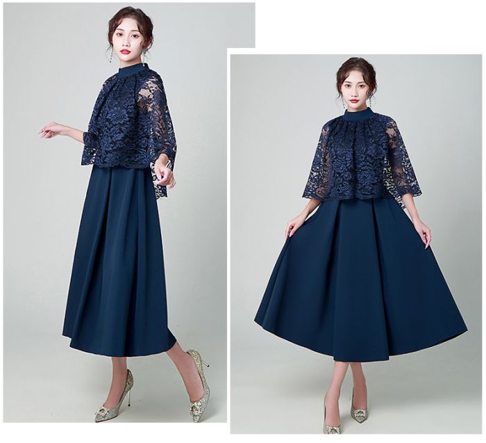 パーティードレス ロング 袖あり 結婚式ドレス ケープ レース ロング ミモレ Aライン 体型カバー