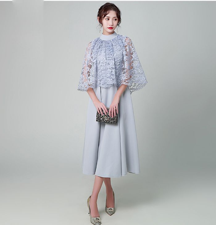 パーティードレス ロング 袖あり 結婚式ドレス ケープ レース ロング ミモレ Aライン 体型カバー