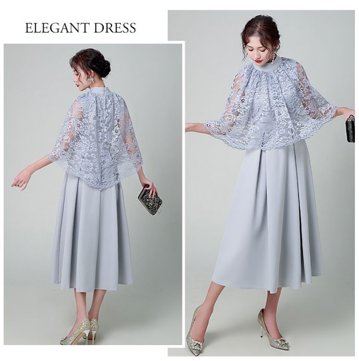 パーティードレス ロング 袖あり 結婚式ドレス ケープ レース ロング ミモレ Aライン 体型カバー