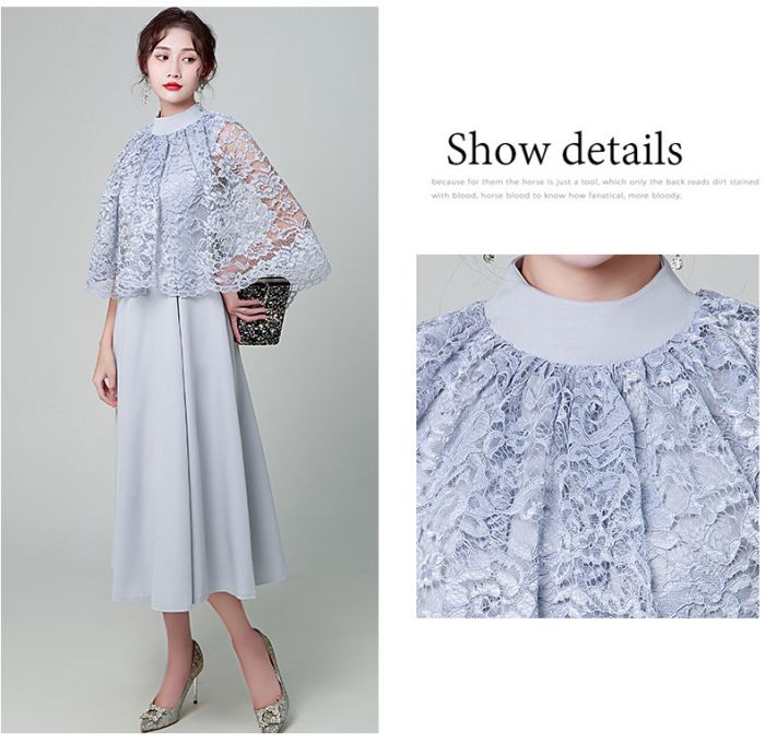 パーティードレス ロング 袖あり 結婚式ドレス ケープ レース ロング ミモレ Aライン 体型カバー