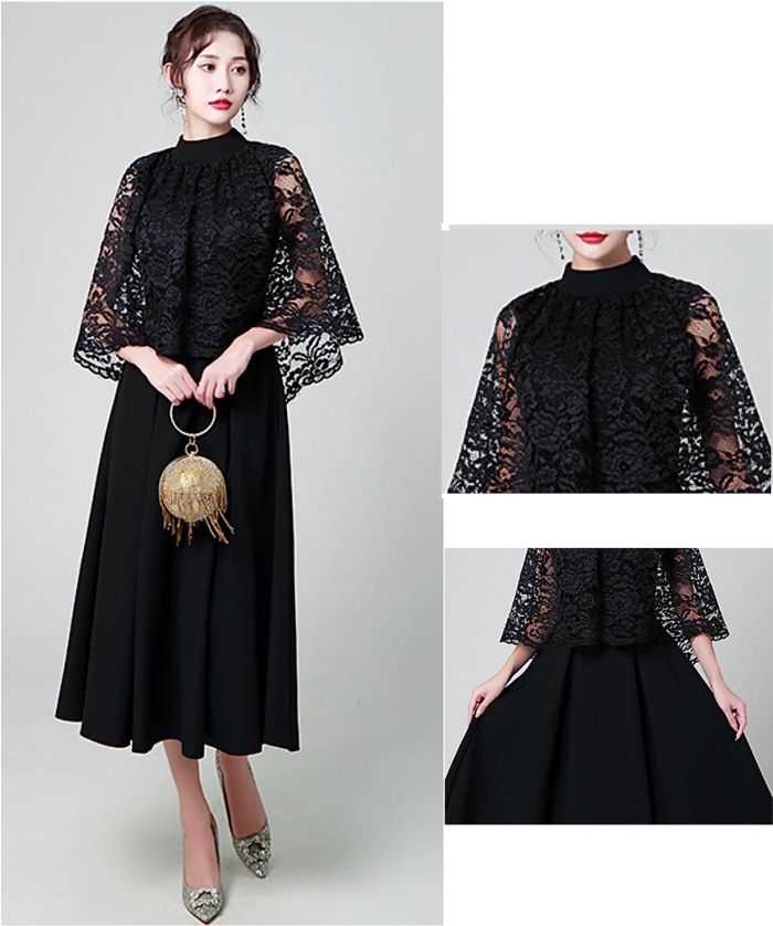 パーティードレス ロング 袖あり 結婚式ドレス ケープ レース ロング ミモレ Aライン 体型カバー