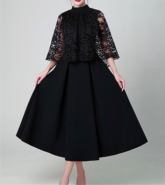 パーティードレス ロング 袖あり 結婚式ドレス ケープ レース ロング ミモレ Aライン 体型カバー