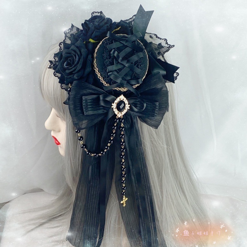 ロリータ ゴシック デッドブラック オールマッチ エレガント フラットハット シルクハット ヘッドドレス ヘアアクセサリー