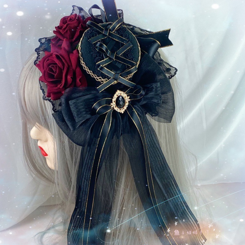 ロリータ ゴシック デッドブラック オールマッチ エレガント フラットハット シルクハット ヘッドドレス ヘアアクセサリー