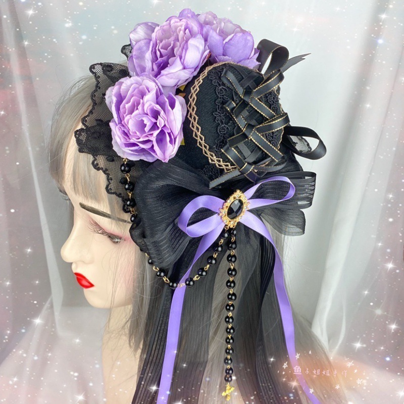 ロリータ ゴシック デッドブラック オールマッチ エレガント フラットハット シルクハット ヘッドドレス ヘアアクセサリー
