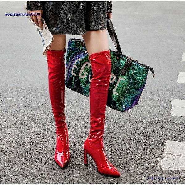 Qoo10] ロングブーツ 黒 赤 ストレッチ 美脚