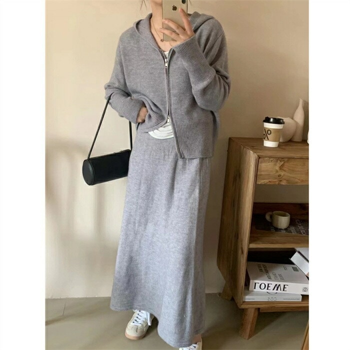 セットアップ レディース ニット 秋冬 カジュアル 上下セット 重ね着 2点セット 暖か 長袖 スカート ジャケット フード付き ニットパーカー カーディガン 体型カバー ゆったり リブニット グレ セットアップ レディース ニット 秋冬 カジュアル 上下セット 重ね着 2点セット 暖か 長袖 スカート ジャケット フード付き ニットパーカー カーディガン 体型カバー ゆったり リブニット グレ