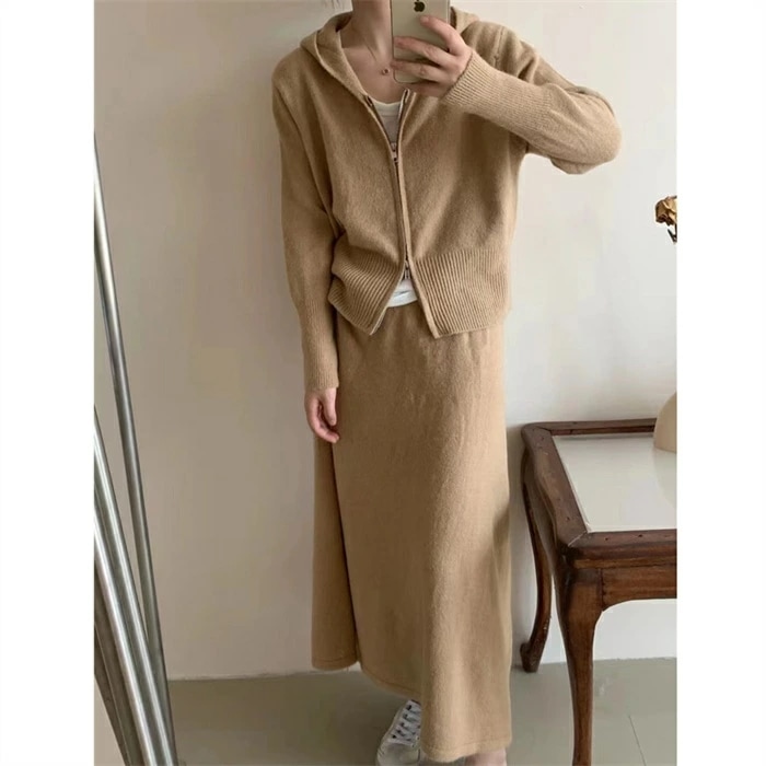 セットアップ レディース ニット 秋冬 カジュアル 上下セット 重ね着 2点セット 暖か 長袖 スカート ジャケット フード付き ニットパーカー カーディガン 体型カバー ゆったり リブニット グレ セットアップ レディース ニット 秋冬 カジュアル 上下セット 重ね着 2点セット 暖か 長袖 スカート ジャケット フード付き ニットパーカー カーディガン 体型カバー ゆったり リブニット グレ