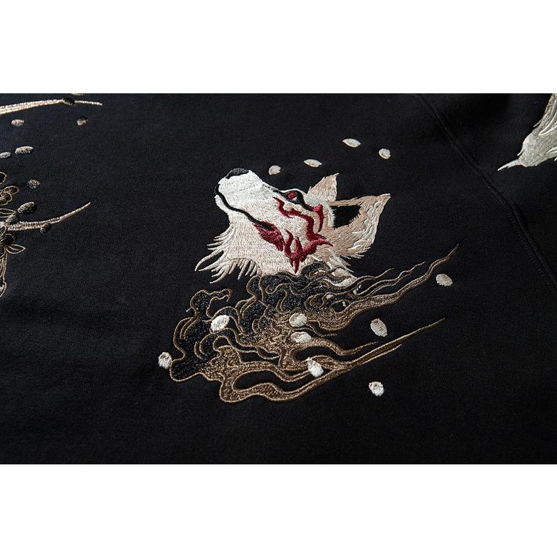 ヒップホップパーカー メンズ 刺繍 狐 秋冬 長袖トップス 裏起毛 防寒 厚手パーカー プルオーバーパーカー カッコイイ カジュアル 暖かい