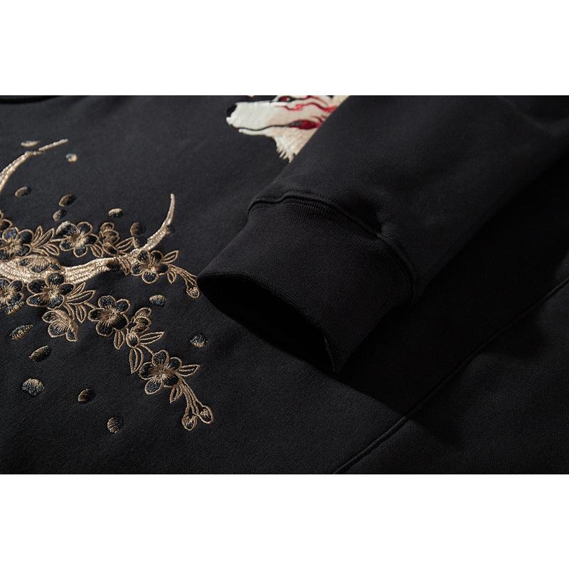 ヒップホップパーカー メンズ 刺繍 狐 秋冬 長袖トップス 裏起毛 防寒 厚手パーカー プルオーバーパーカー カッコイイ カジュアル 暖かい