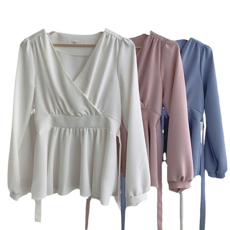 【1つ買うと10つ無料】女性のためのハイエンドのシフォンシャツ春と秋のエレガントなvネックスイート気質腰を抱きしめる長袖シャツ