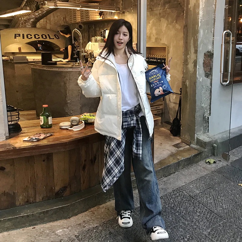2024年カップルアメリカのレトロなアルファベット立襟綿服男女縞潮牌ゆるい学院風綿服コート