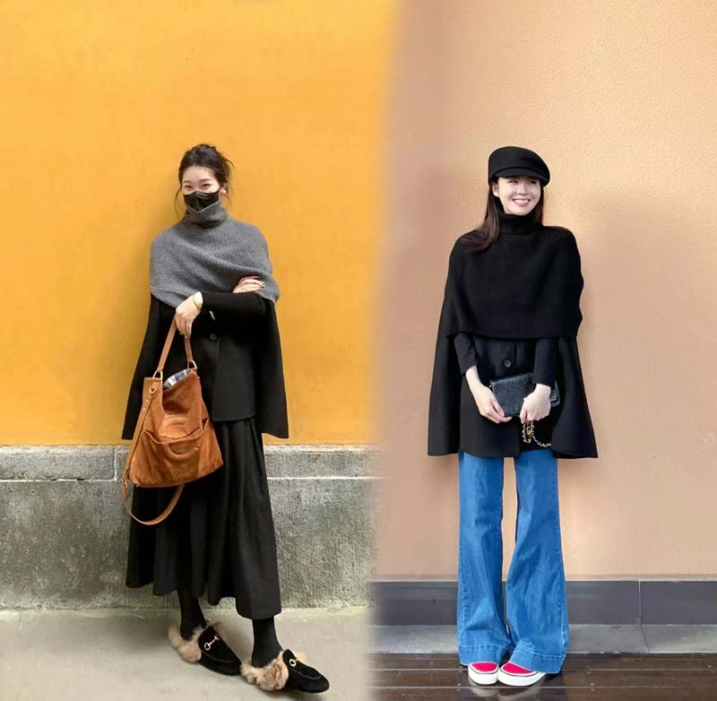 ケープコート マントコート ミディアム丈 ポンチョ コート アウター S M L 2L ゆったり アイボリー ブラック レディース 女性 韓国風 秋服 冬服 防寒着 体型カバー おしゃれ エレガント