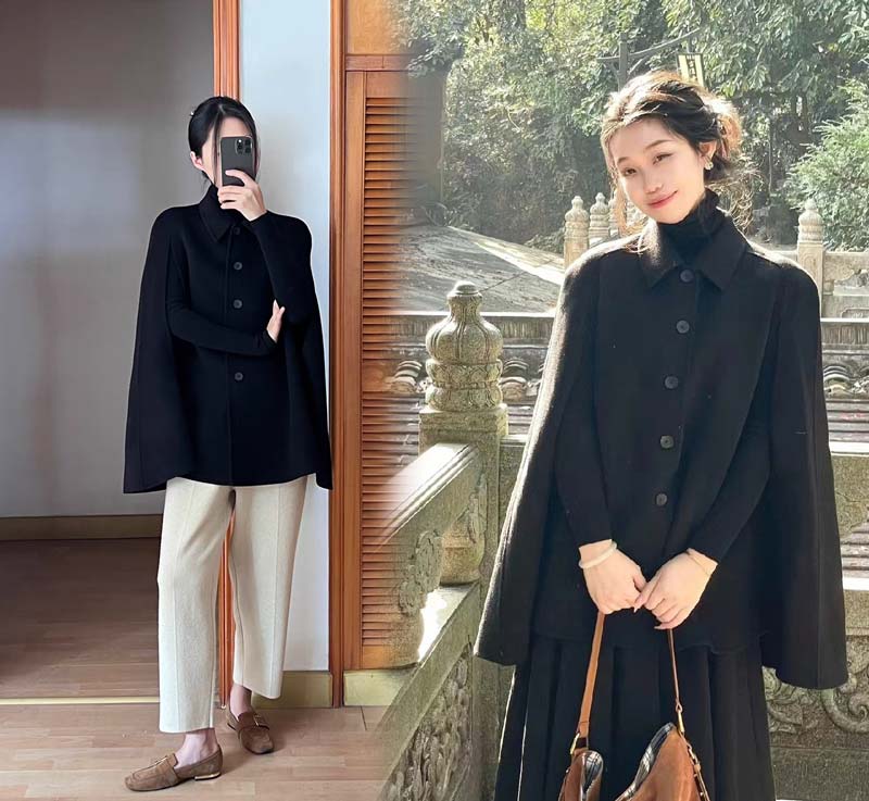 ケープコート マントコート ミディアム丈 ポンチョ コート アウター S M L 2L ゆったり アイボリー ブラック レディース 女性 韓国風 秋服 冬服 防寒着 体型カバー おしゃれ エレガント