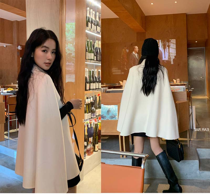 ケープコート マントコート ミディアム丈 ポンチョ コート アウター S M L 2L ゆったり アイボリー ブラック レディース 女性 韓国風 秋服 冬服 防寒着 体型カバー おしゃれ エレガント