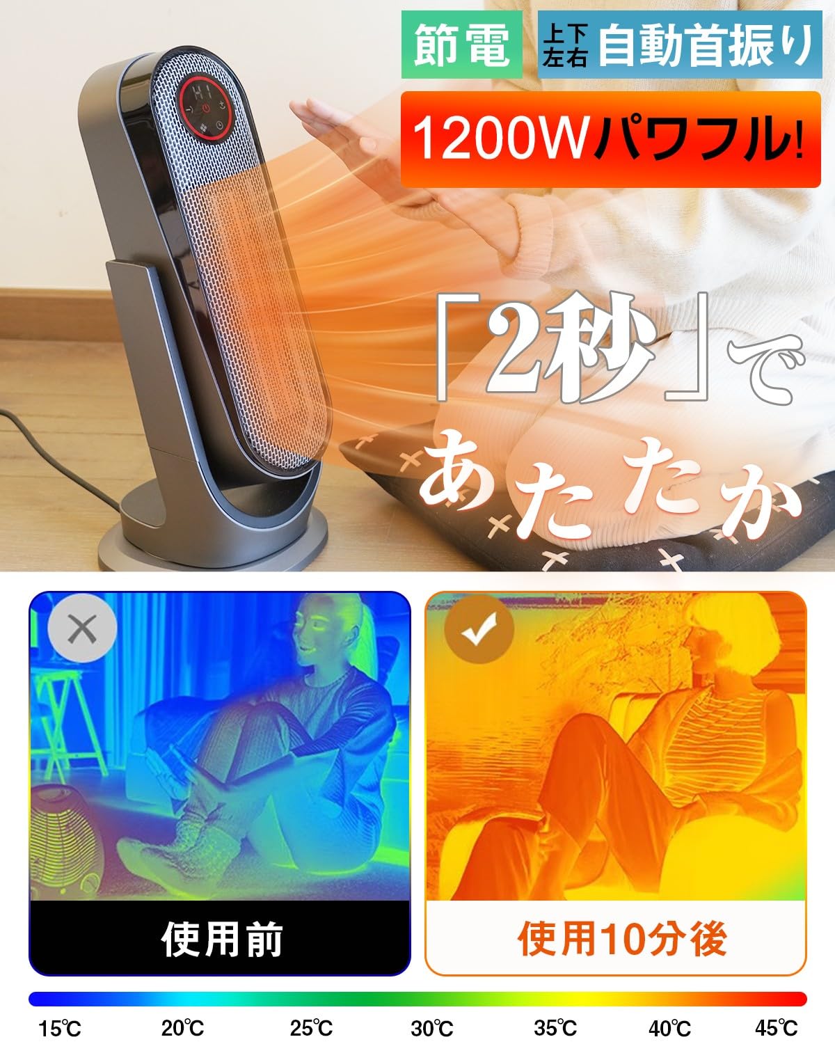 LNSOO セラミックヒーター 2秒速暖 上下左右自動首振り 立体送風 1200W 4段階温度調整 省エネ ECOモード リモコン遠隔操作 LEDタッチパネル 1-48時間自動OFFタイマー メモリー