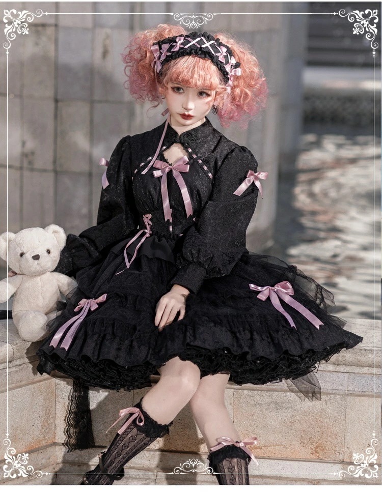 ロリータ服 ワンピース ヘアバンド セット 半袖 長袖 ロリータ エレガント華やか お姫様 リボン ふわふわ ゴスロリ＆ロリータ ドレス フリル ショート丈 ドレス 喫茶店 女子中高生 イベント衣装